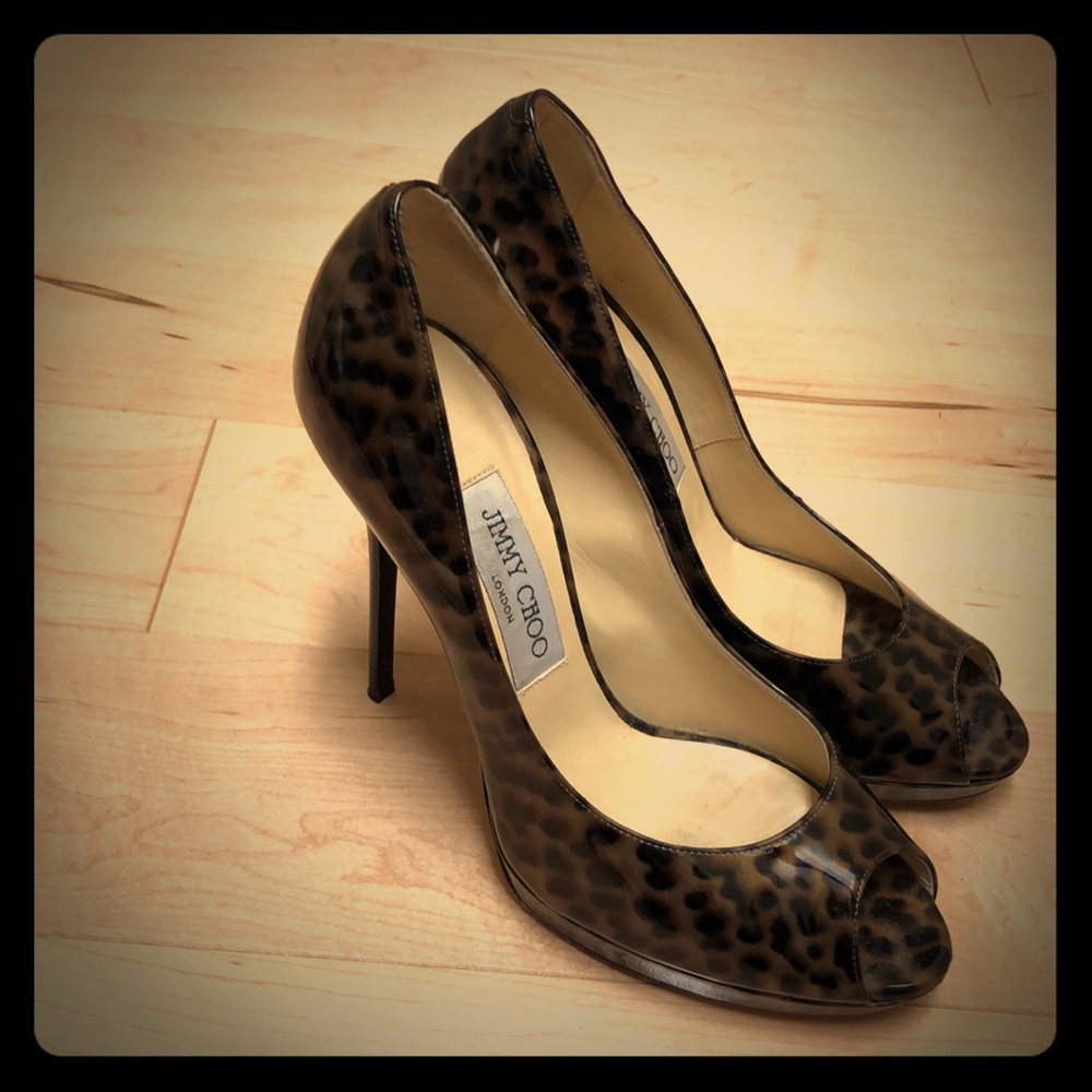 Jimmy Choo Size 38 Leopard patent open toe pumps